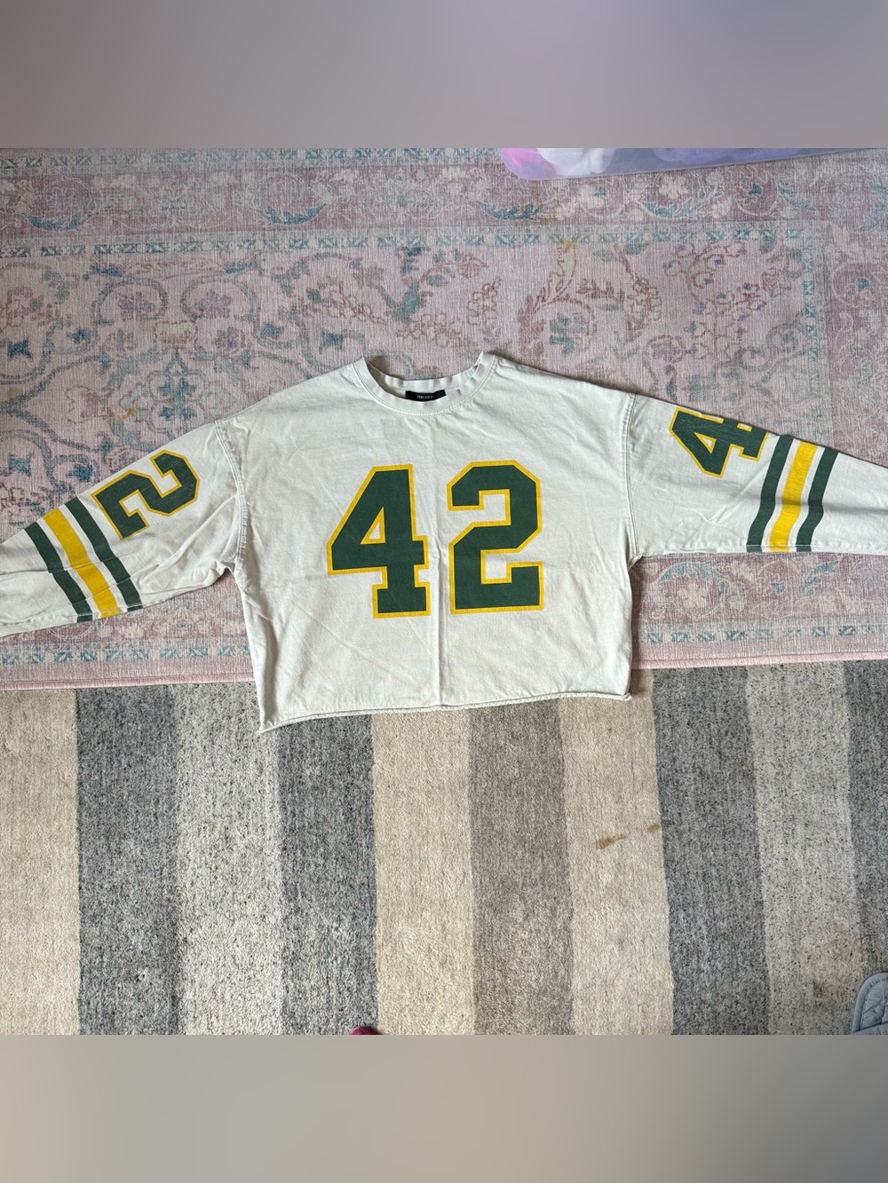 Forever 21 Off White Cropped Long sleeve Jersey Tee with Green & Yellow '42'